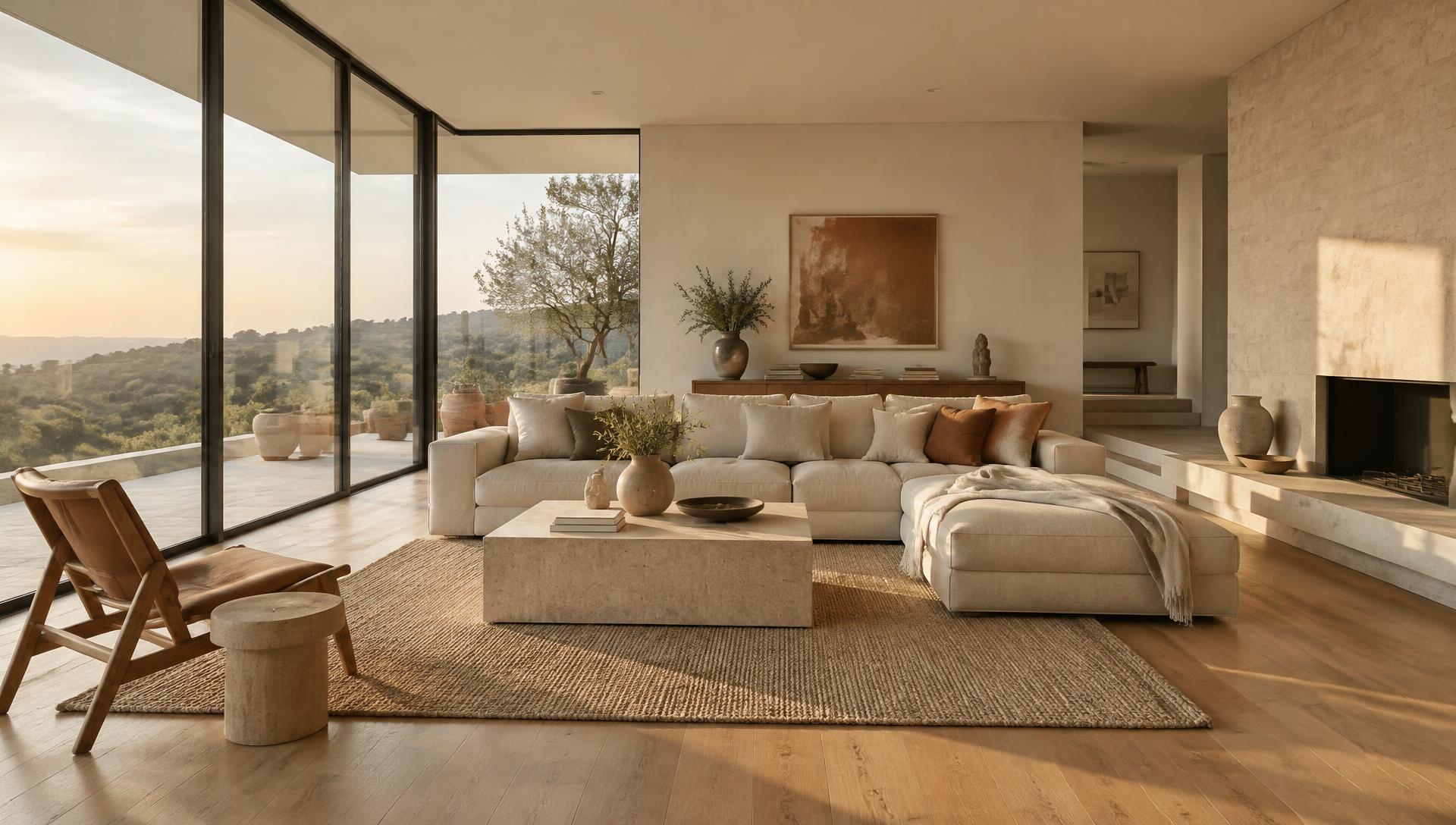 Sala contemporânea aberta para a paisagem ao entardecer